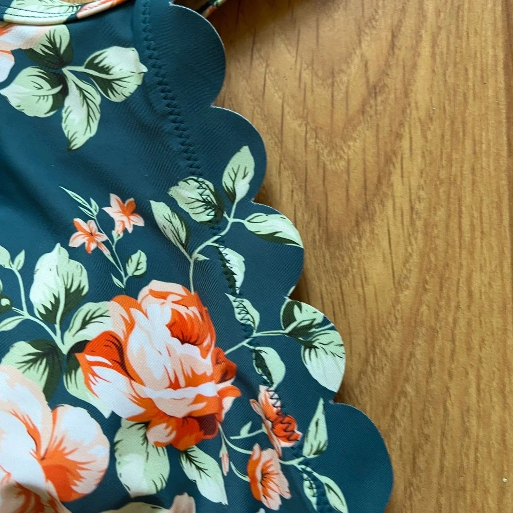 Teal Floral Scalloped High Neck One Piece Swimsuit with Keyhole Cutout Boho